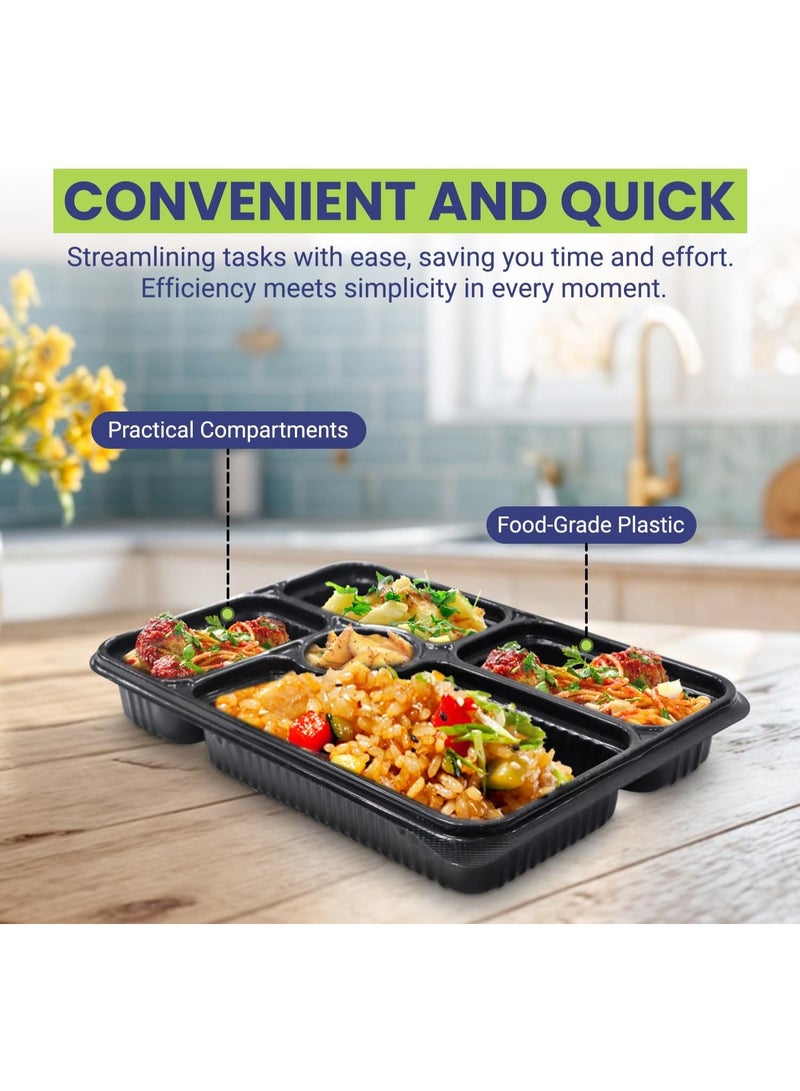 SNH Packing Black Microwave Container With Lid 5 Compartments BPA Free Stackable Lunch Boxes 12 Pieces - Image 4